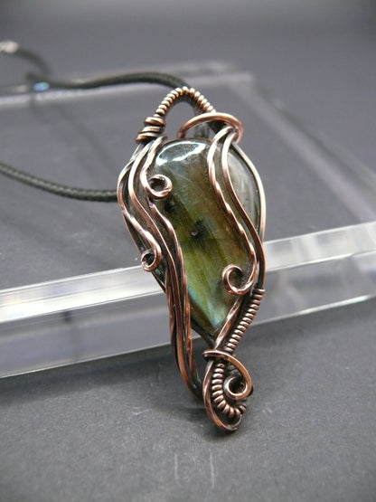 Rustic copper wire wrapped labradorite pendant necklace