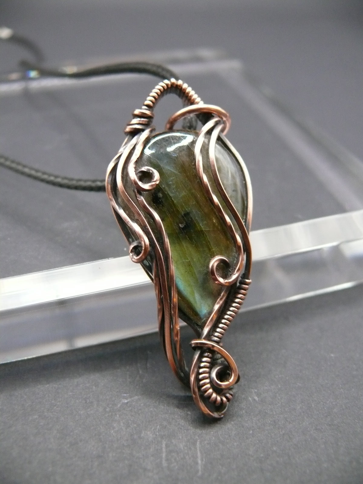 Rustic copper wire wrapped labradorite pendant necklace