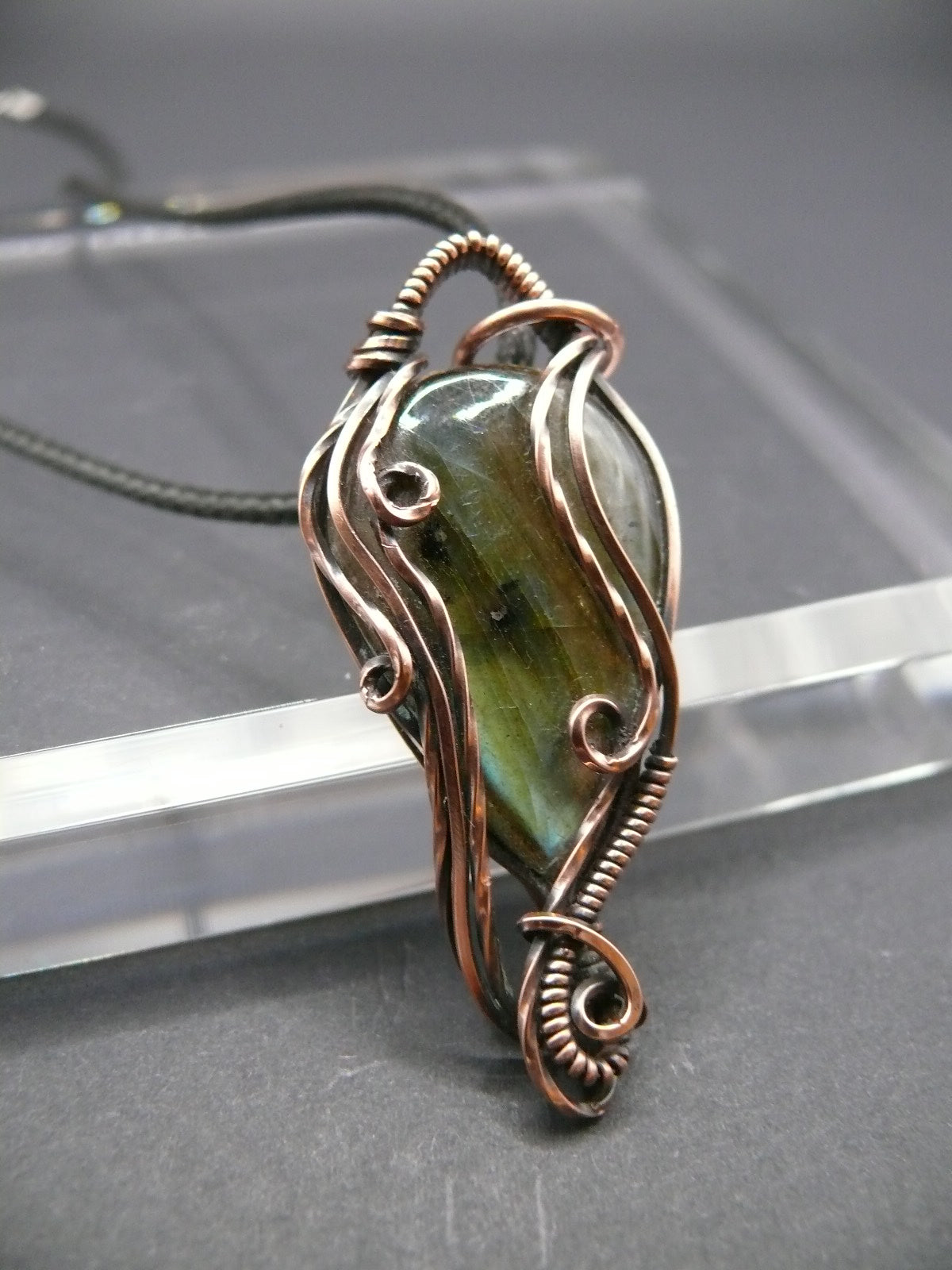 Rustic copper wire wrapped labradorite pendant necklace