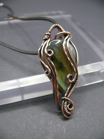 Rustic copper wire wrapped labradorite pendant necklace