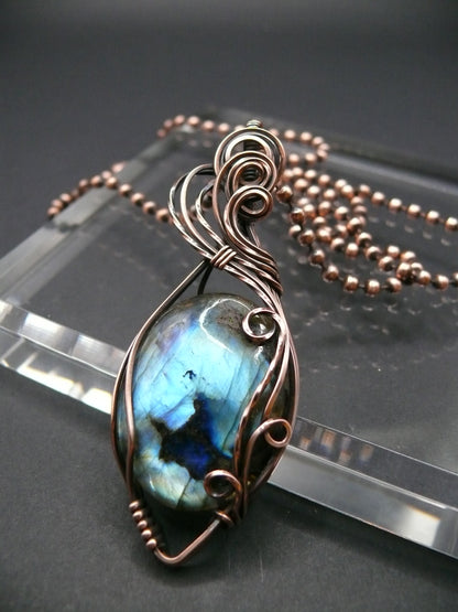 Artisan crafted Labradorite pendant wrapper in copper wire