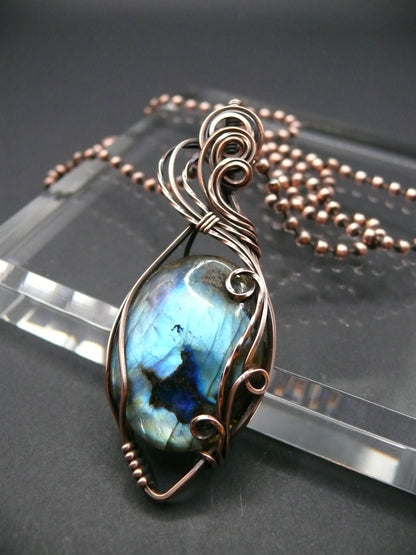 Artisan crafted Labradorite pendant wrapper in copper wire