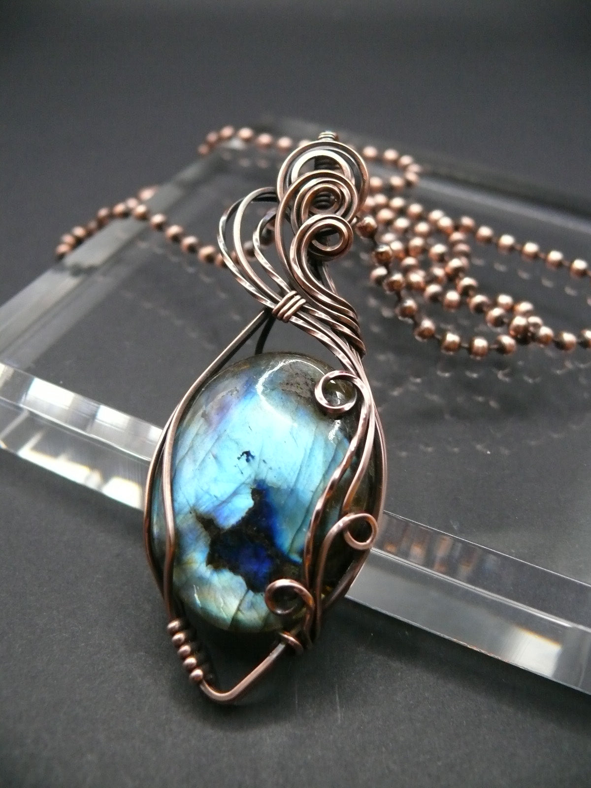 Artisan crafted Labradorite pendant wrapper in copper wire