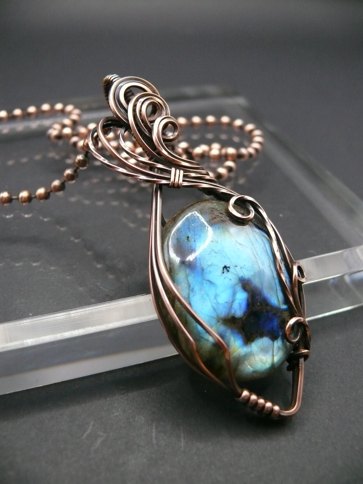 Artisan crafted Labradorite pendant wrapper in copper wire