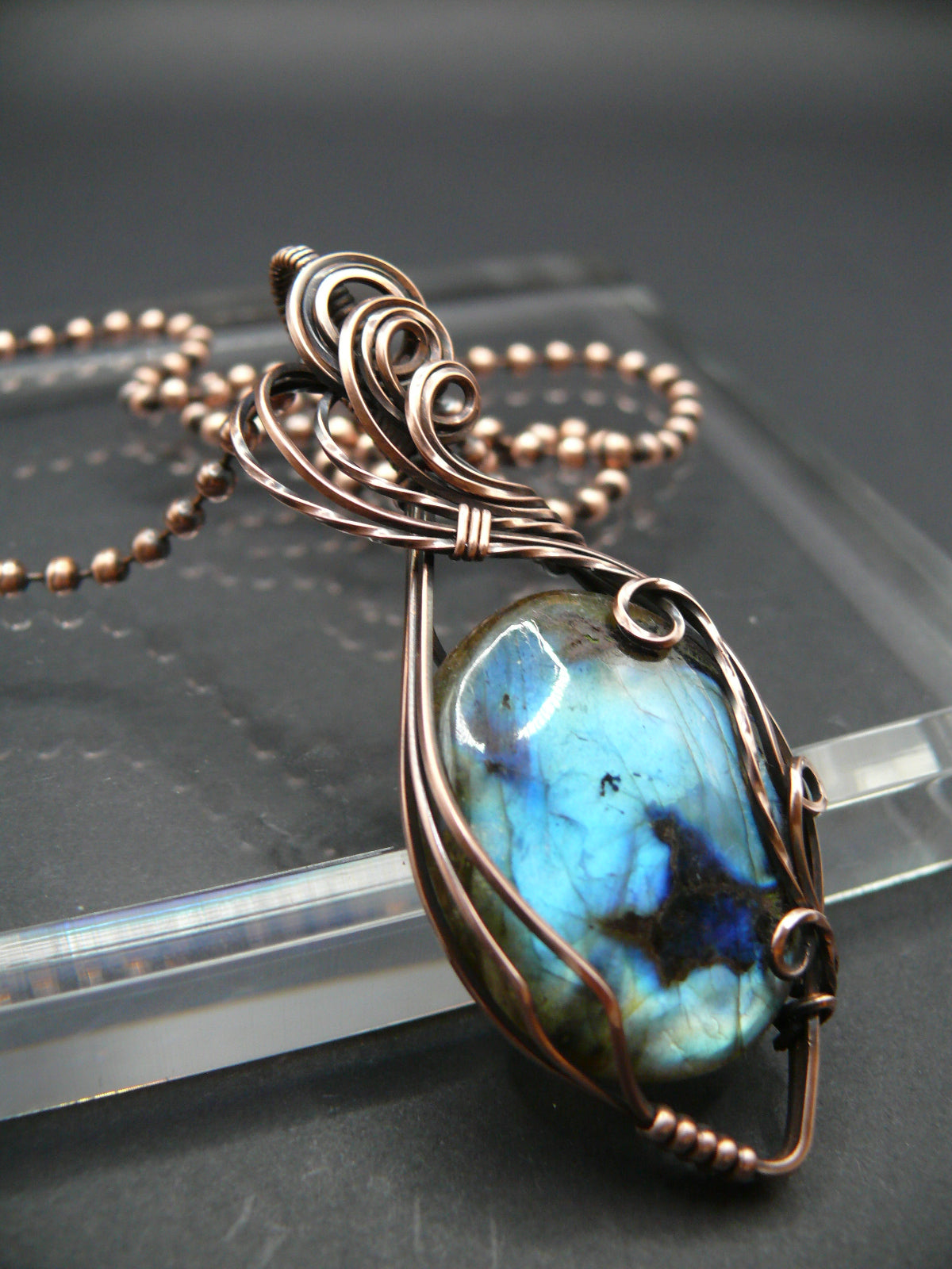 Artisan crafted Labradorite pendant wrapper in copper wire