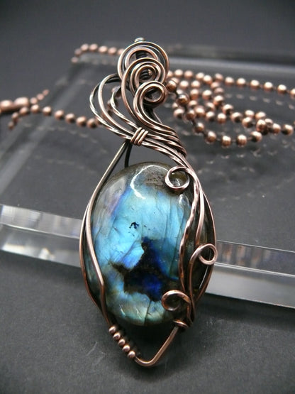 Artisan crafted Labradorite pendant wrapper in copper wire