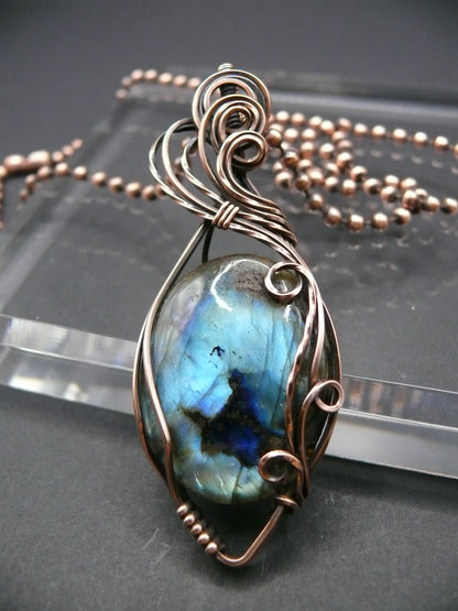 Artisan crafted Labradorite pendant wrapper in copper wire