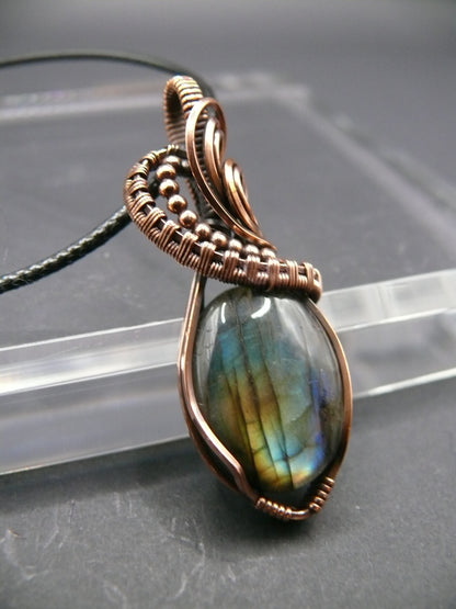 Mini labradorite pendant wrapped in antiqued copper