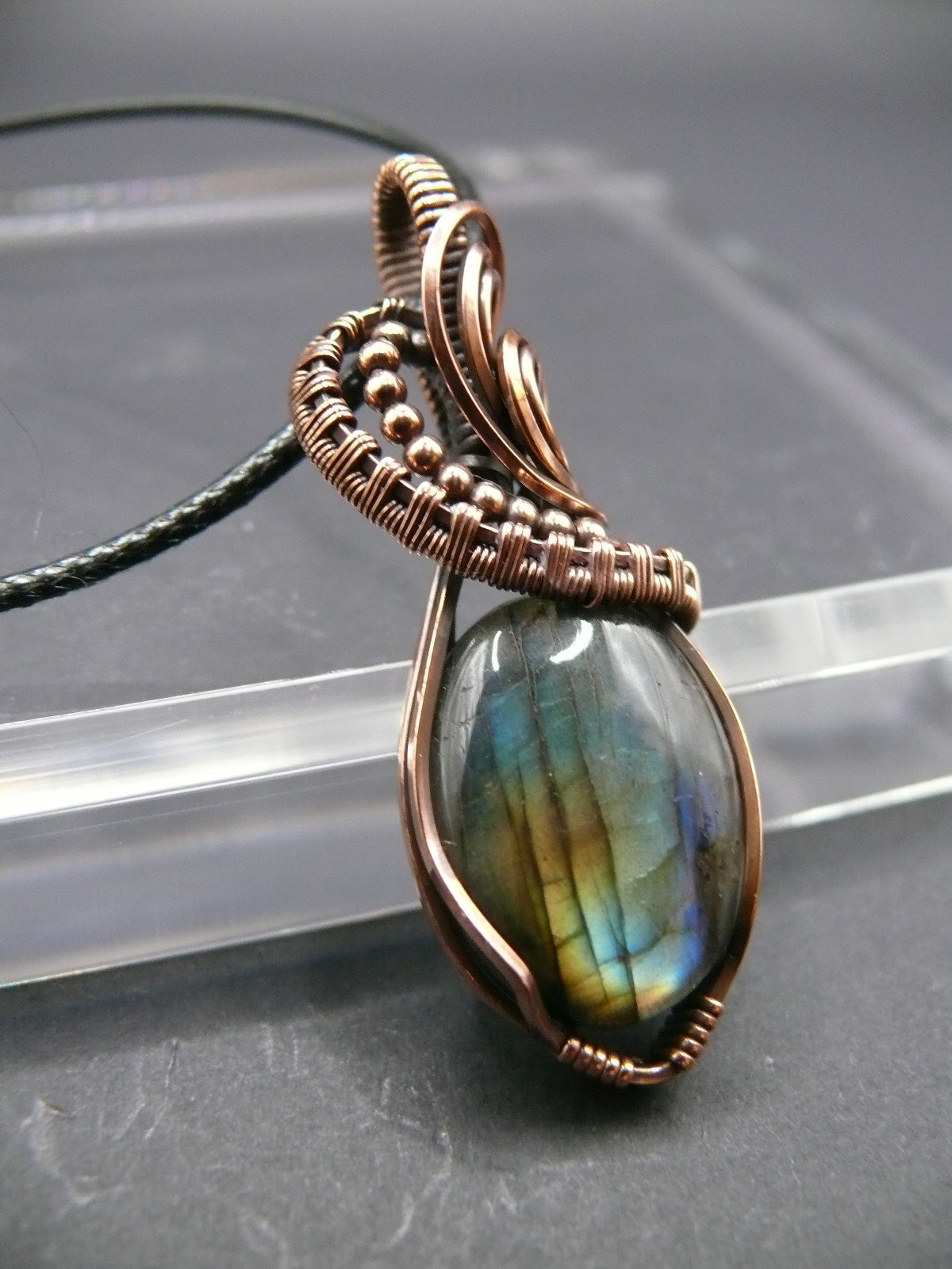 Mini labradorite pendant wrapped in antiqued copper