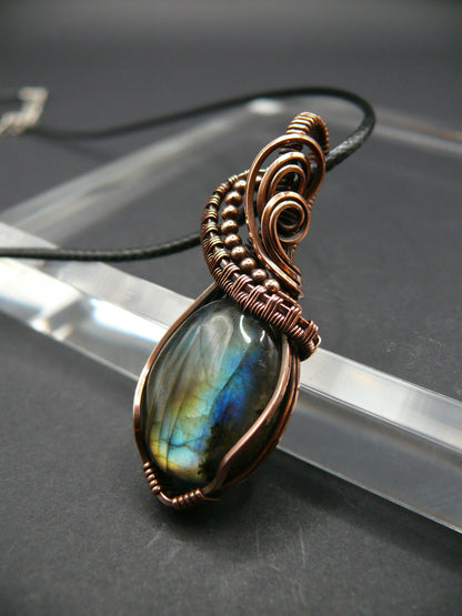 Mini labradorite pendant wrapped in antiqued copper