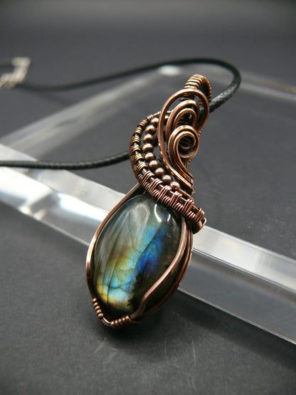 Mini labradorite pendant wrapped in antiqued copper