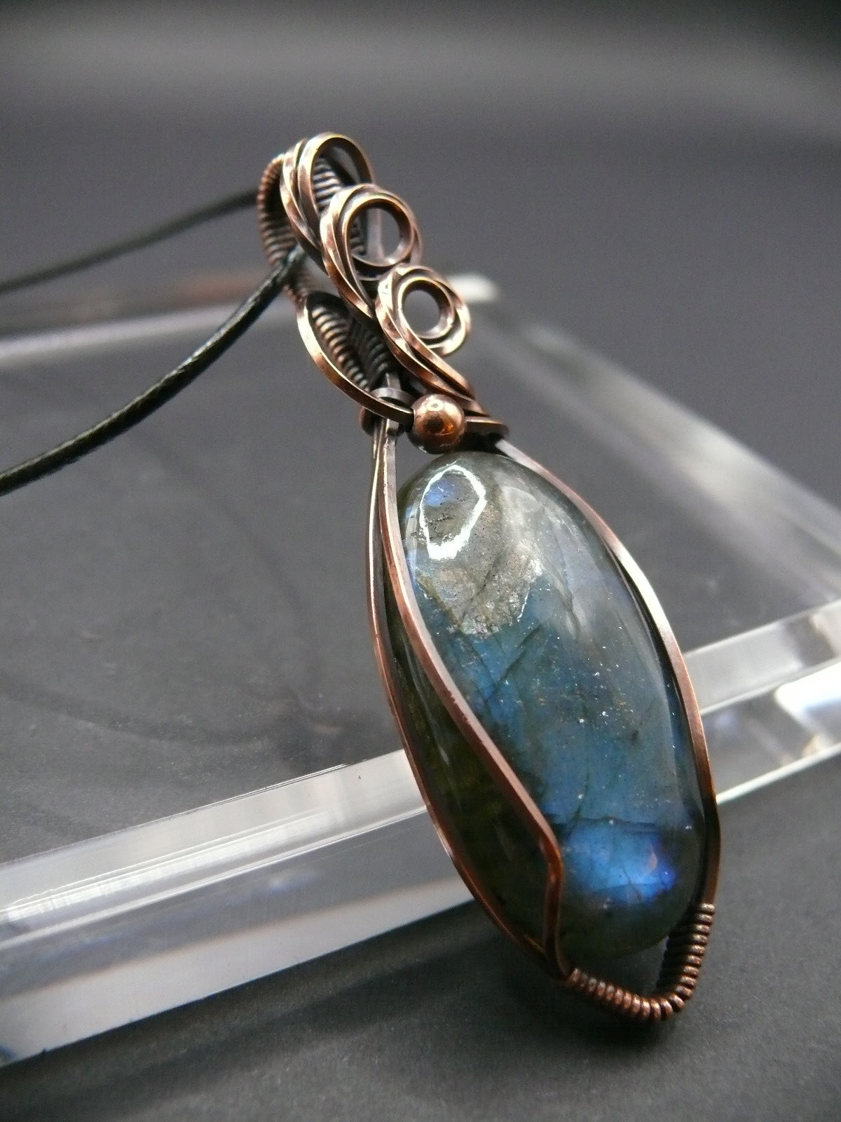 Artisan labradorite crystal in rustic copper