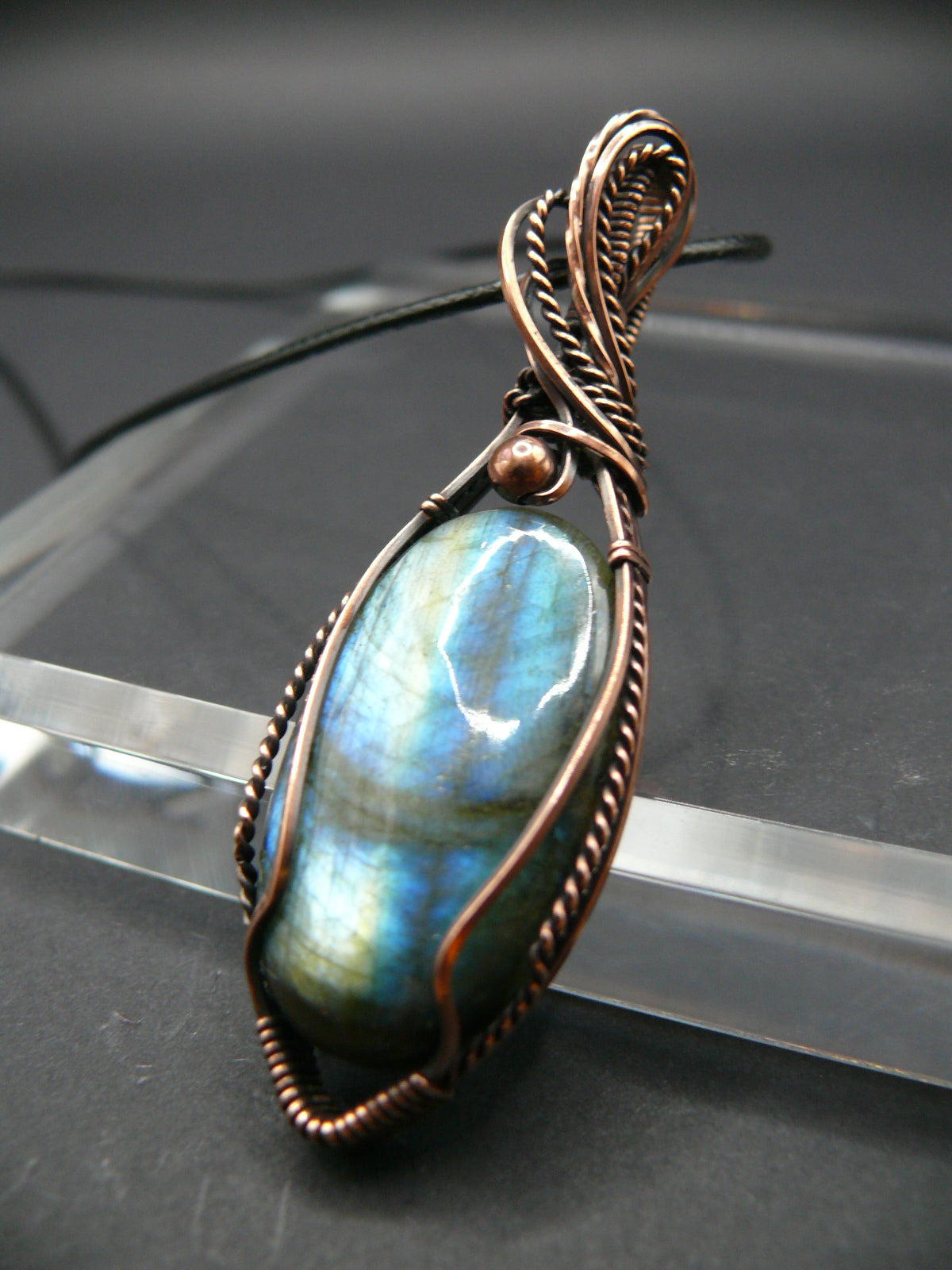 Handcrafted labradorite pendant necklace in antiqued copper