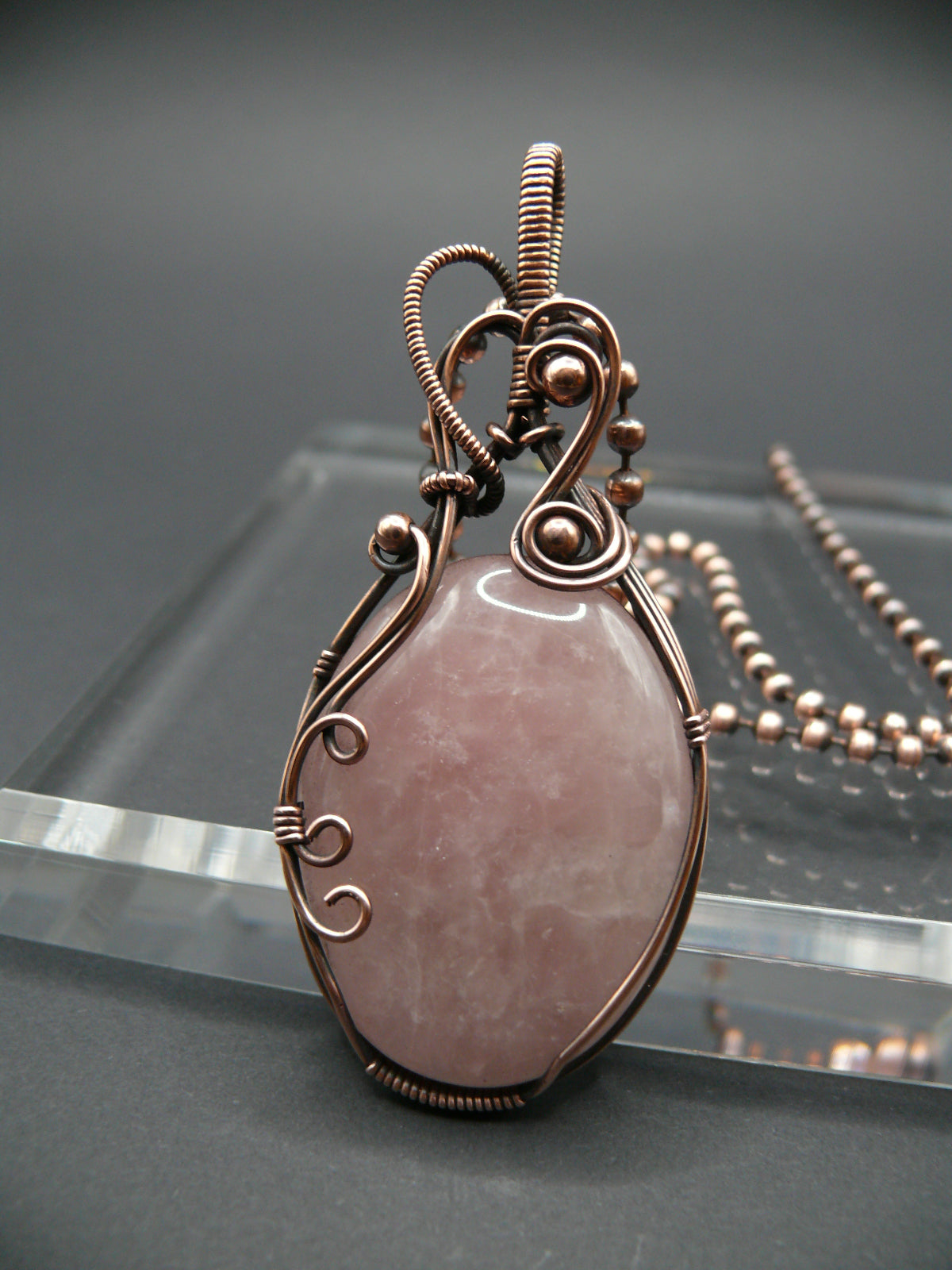 Handmade wire wrapped rose quartz gemstone statement pendant