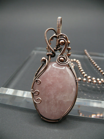 Handmade wire wrapped rose quartz gemstone statement pendant