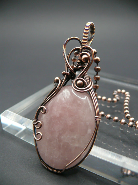 Handmade wire wrapped rose quartz gemstone statement pendant