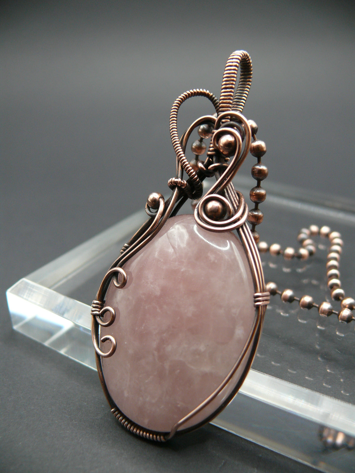 Handmade wire wrapped rose quartz gemstone statement pendant