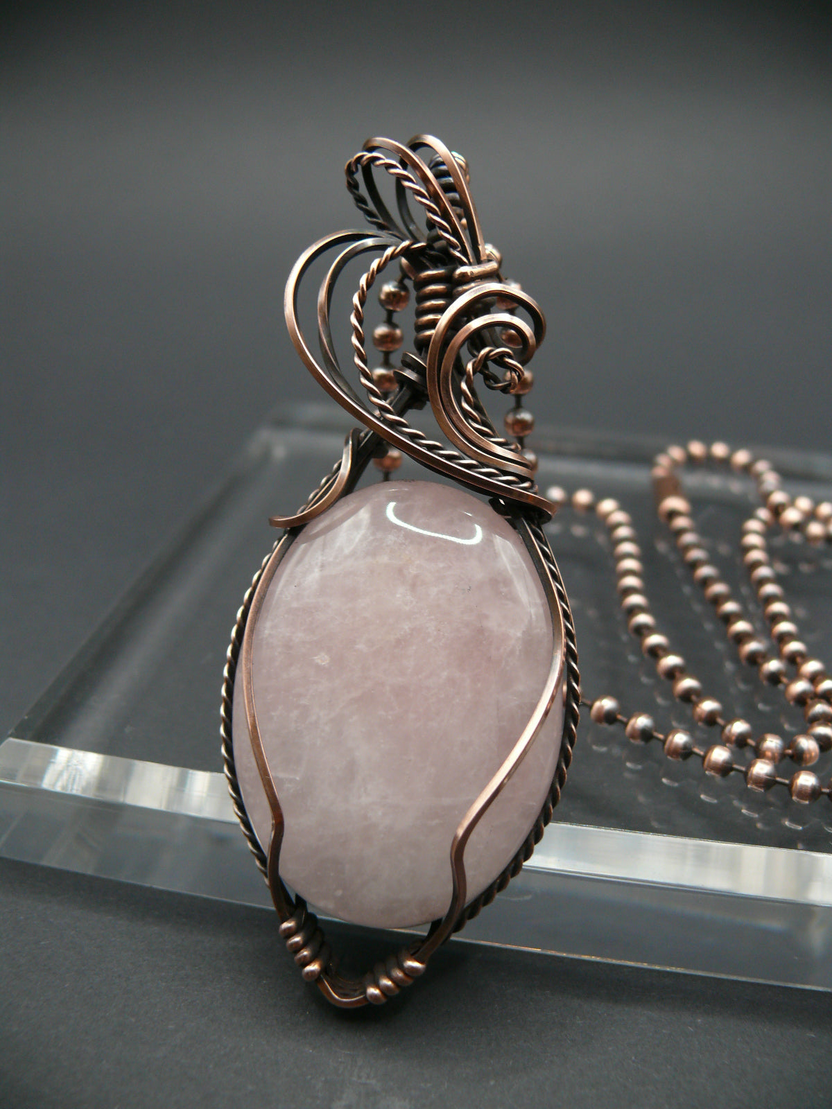 Copper wire wrapped rose quartz statement pendant