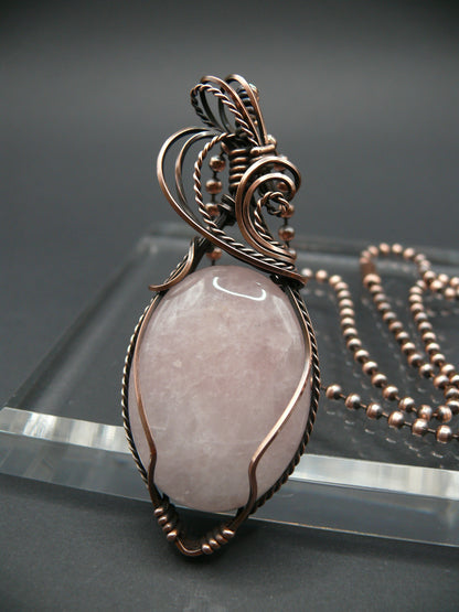 Copper wire wrapped rose quartz statement pendant