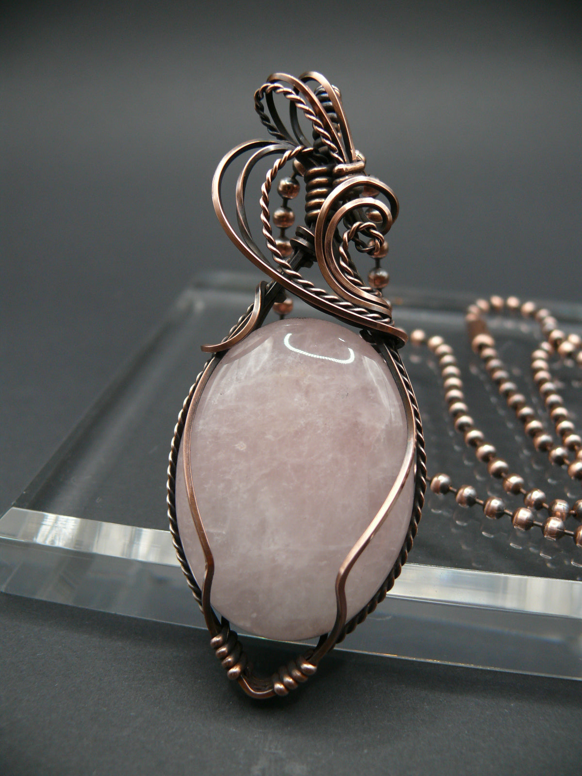 Copper wire wrapped rose quartz statement pendant