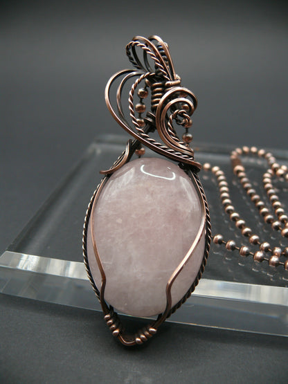 Copper wire wrapped rose quartz statement pendant