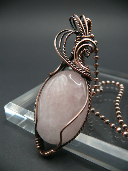 Copper wire wrapped rose quartz statement pendant