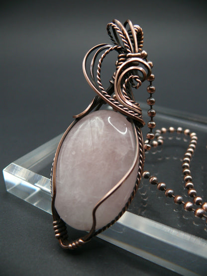 Copper wire wrapped rose quartz statement pendant