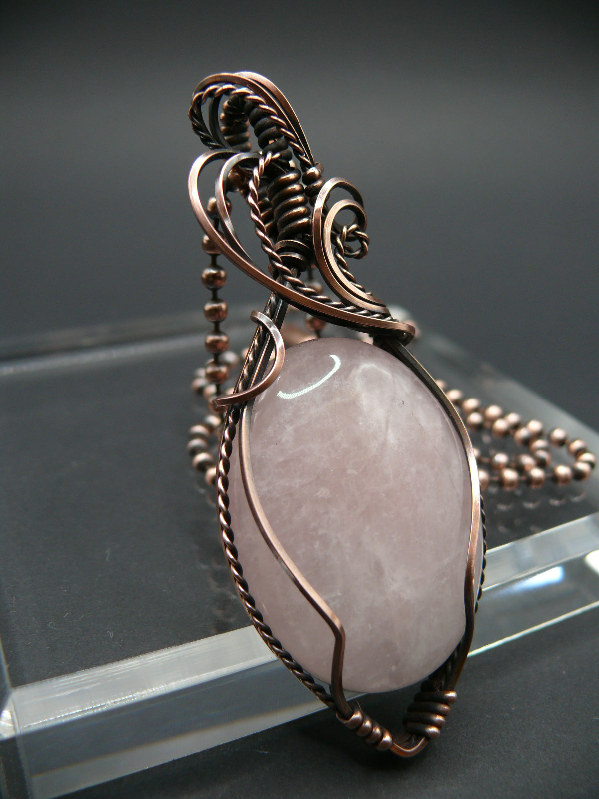 Copper wire wrapped rose quartz statement pendant