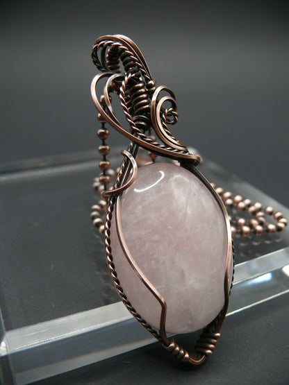 Copper wire wrapped rose quartz statement pendant