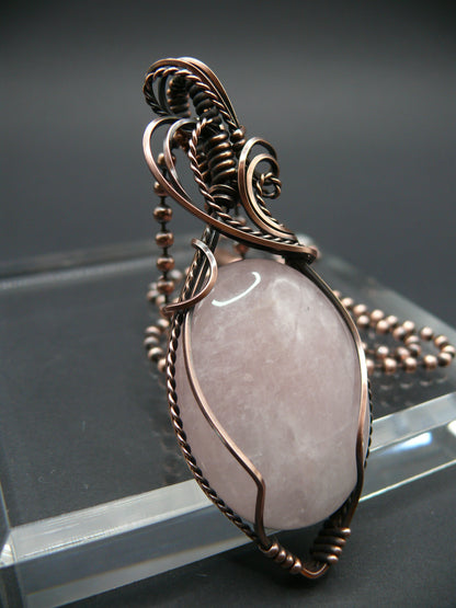 Copper wire wrapped rose quartz statement pendant