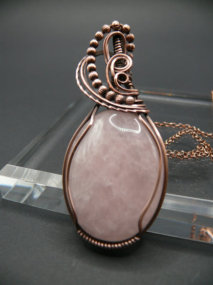 Copper wire wrapped pink rose quartz statement pendant