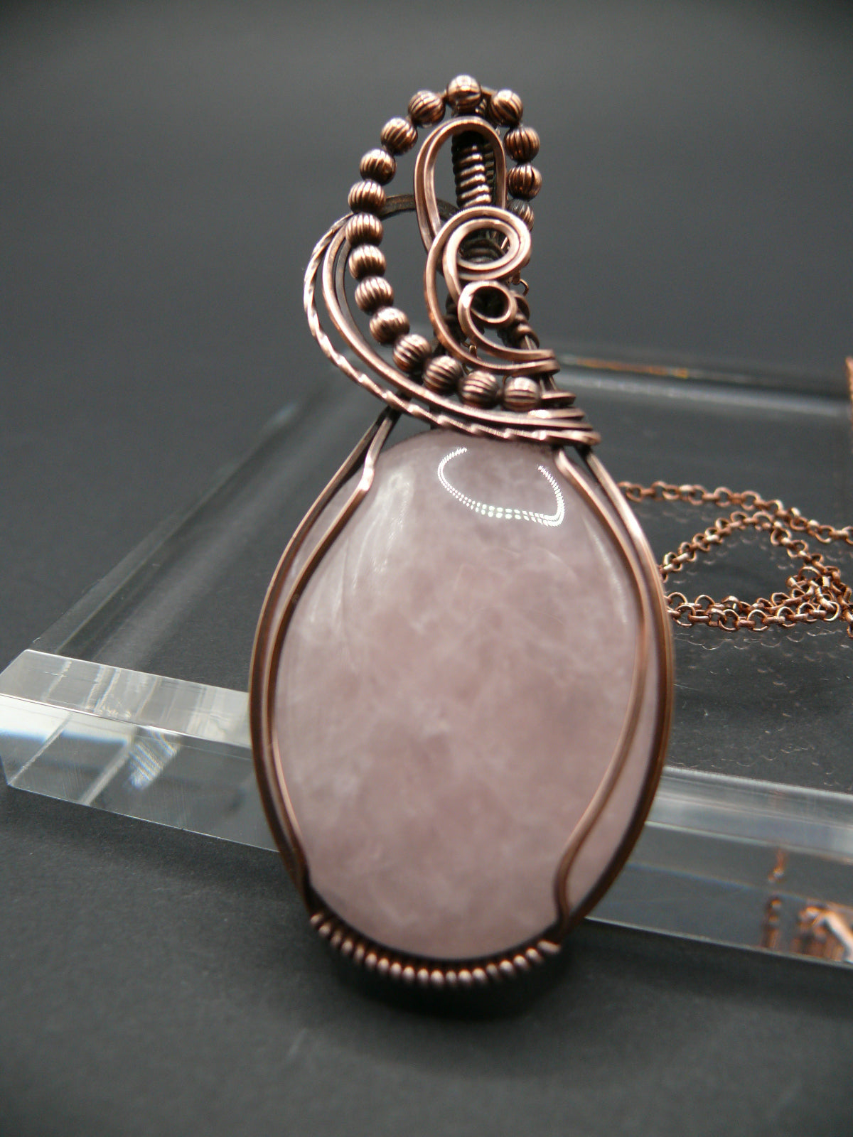 Copper wire wrapped pink rose quartz statement pendant