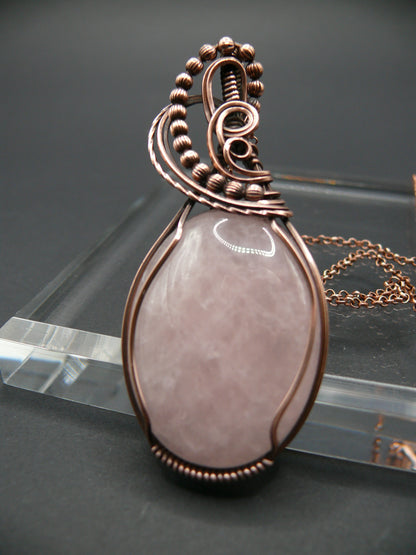 Copper wire wrapped pink rose quartz statement pendant