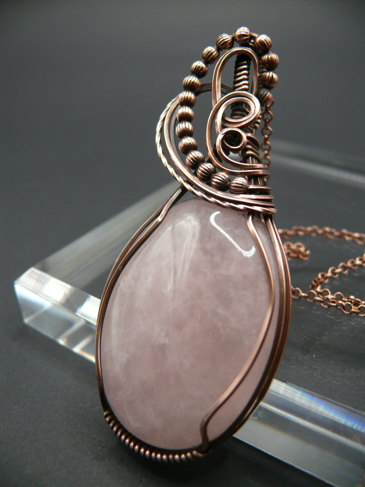 Copper wire wrapped pink rose quartz statement pendant