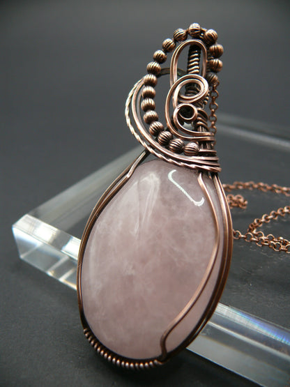 Copper wire wrapped pink rose quartz statement pendant