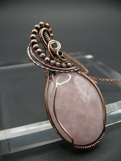 Copper wire wrapped pink rose quartz statement pendant