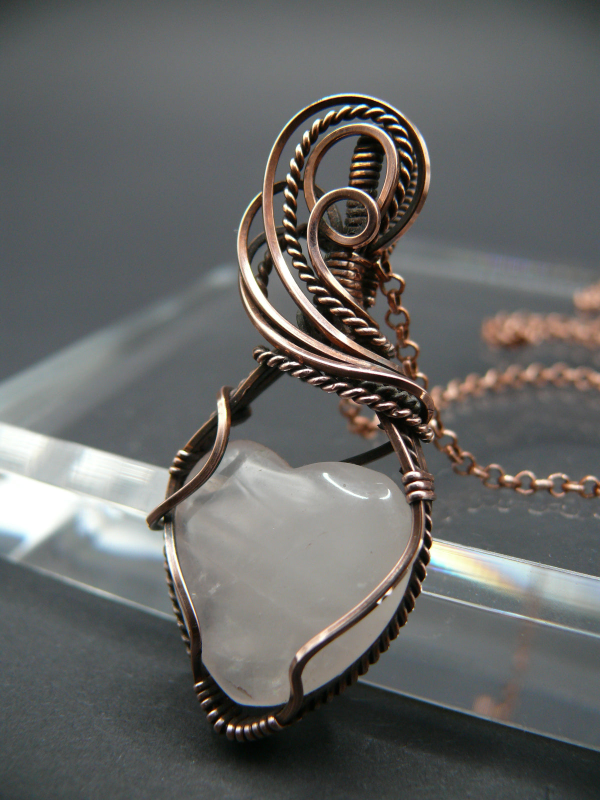 Rose quartz pendant wrapped with copper popular wire, pink chain pendant