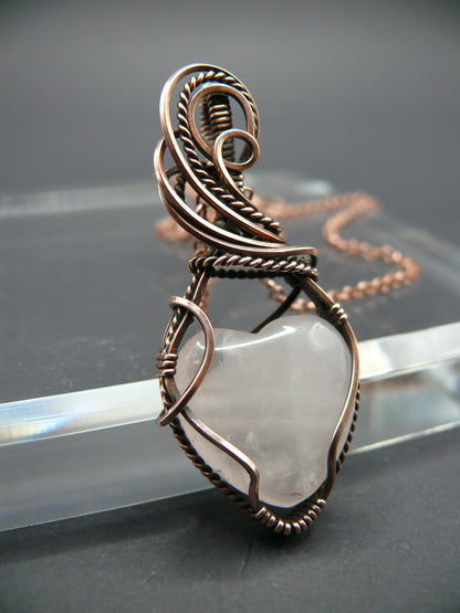 Copper wire-wrapped heart shaped pink rose quartz pendant