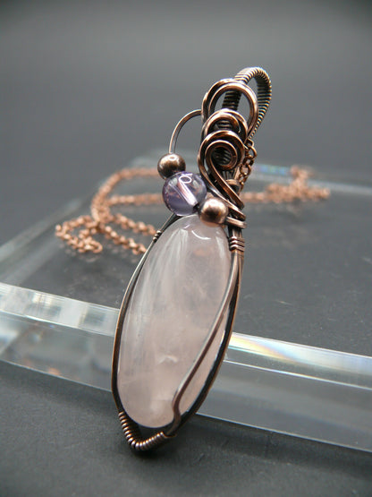 Copper wire wrapped rose quartz and ametrine pendant