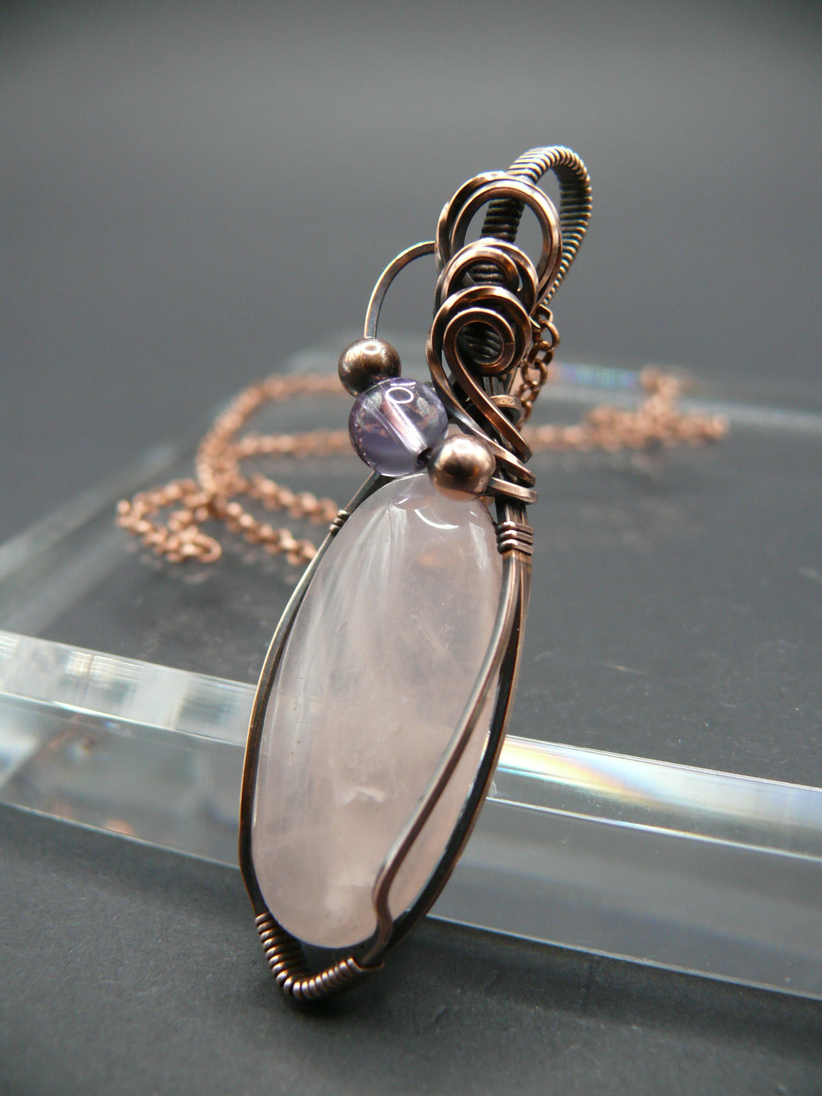 Copper wire wrapped rose quartz and ametrine pendant