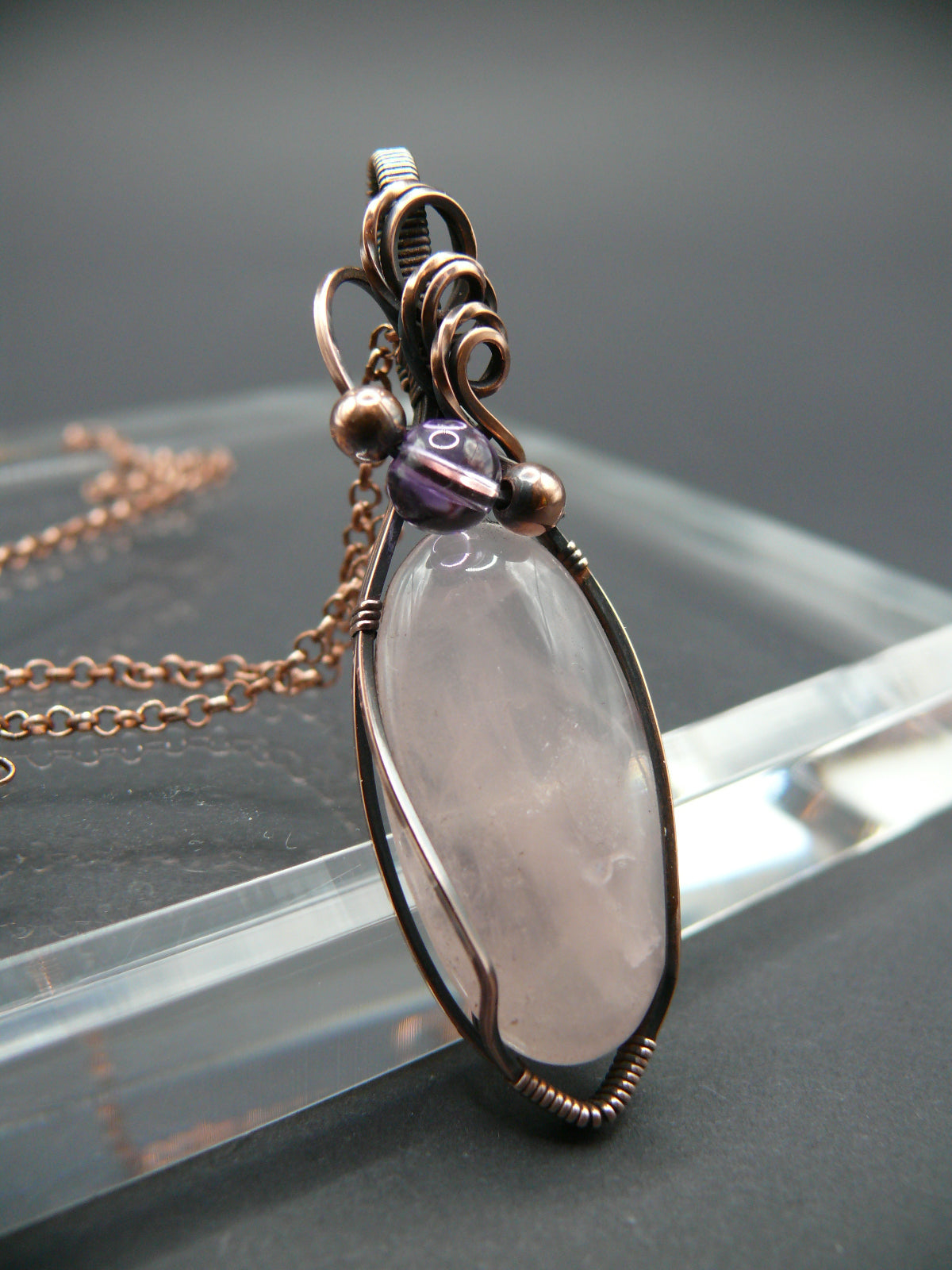 Copper wire wrapped rose quartz and ametrine pendant