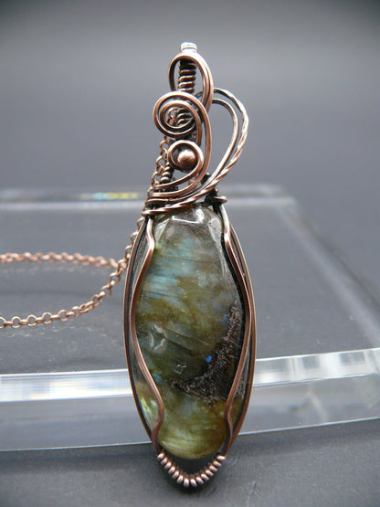 Labradorite statement pendant wrapped in antiqued copper