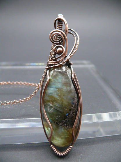 Labradorite statement pendant wrapped in antiqued copper