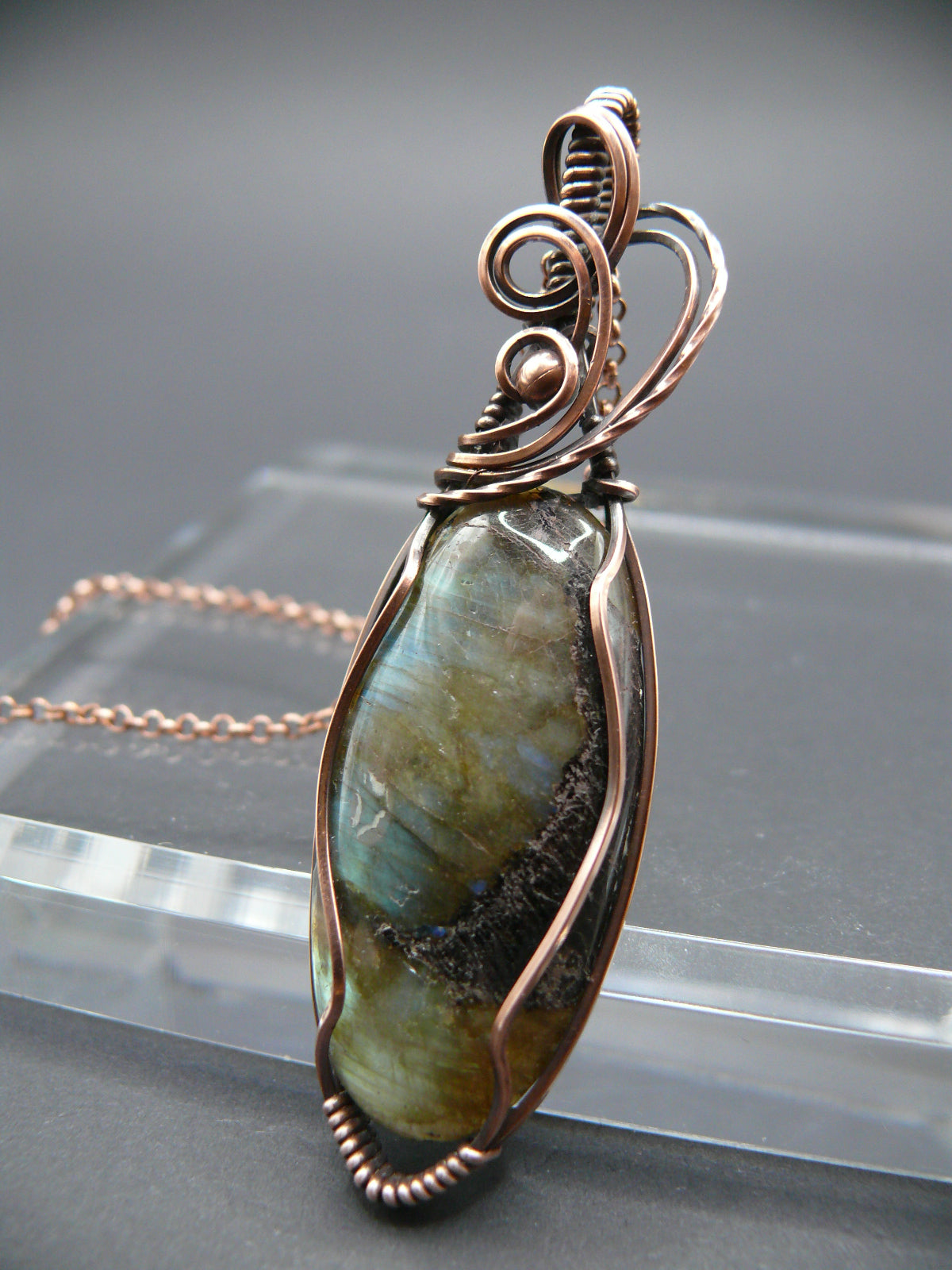 Labradorite statement pendant wrapped in antiqued copper