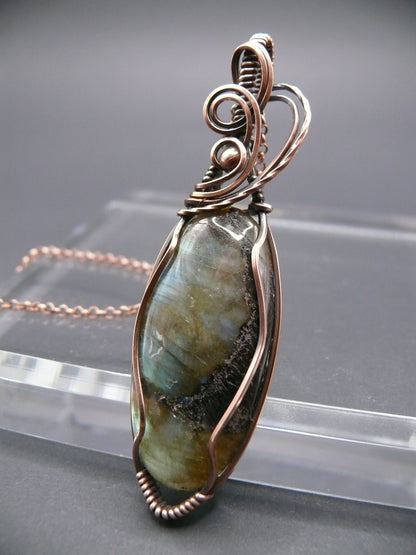 Labradorite statement pendant wrapped in antiqued copper