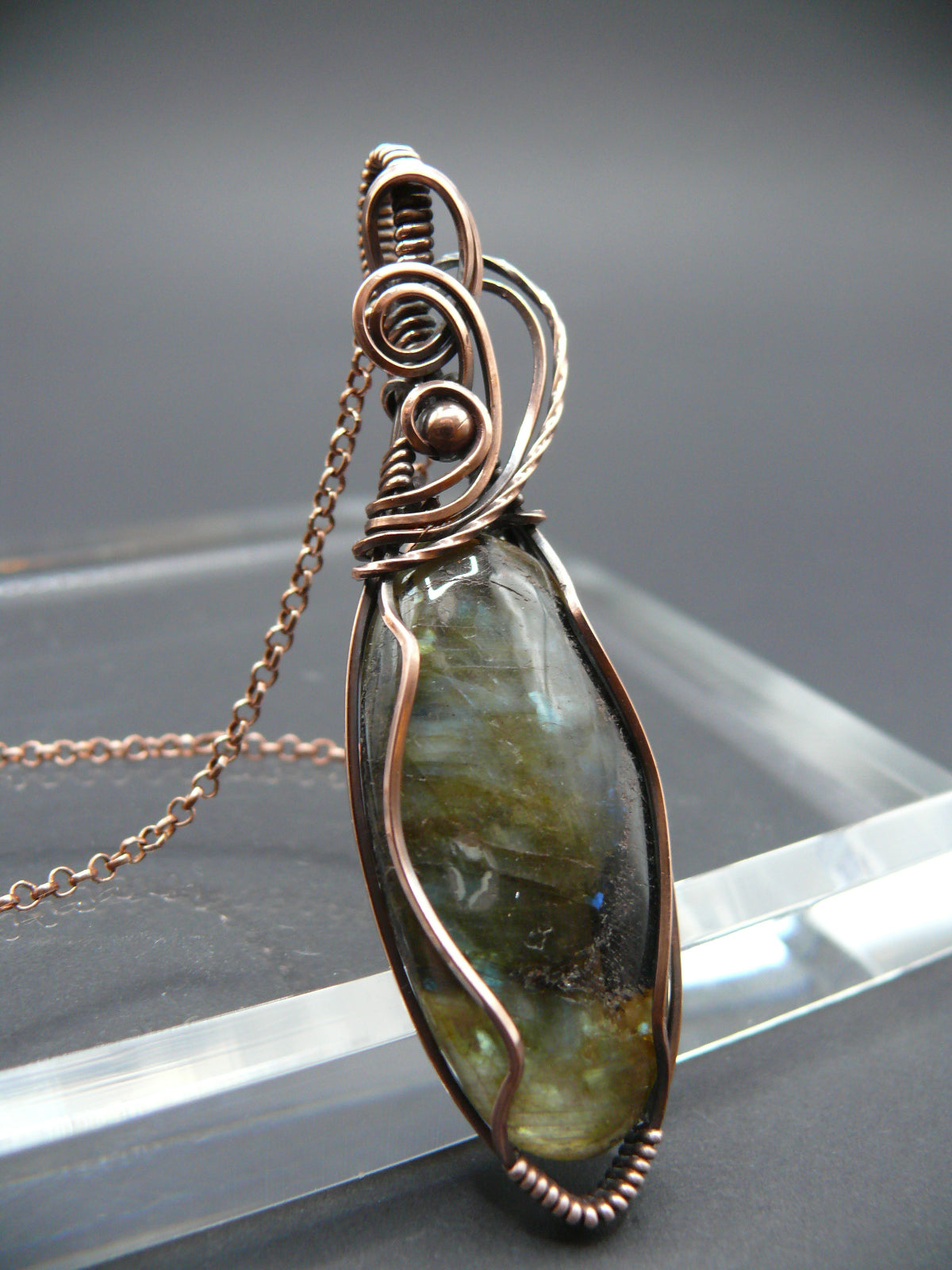 Labradorite statement pendant wrapped in antiqued copper