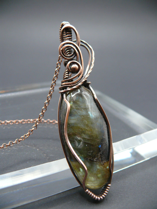 Labradorite statement pendant wrapped in antiqued copper