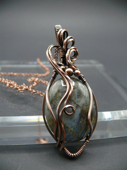 Boho style copper wire wrapped labradorite pendant