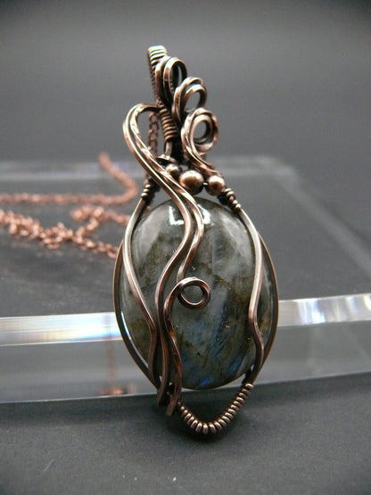 Boho style copper wire wrapped labradorite pendant