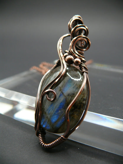 Boho style copper wire wrapped labradorite pendant